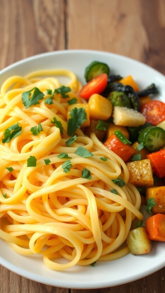 A plate of golden corn noodles garnished with herbs and served with sautéed vegetables.